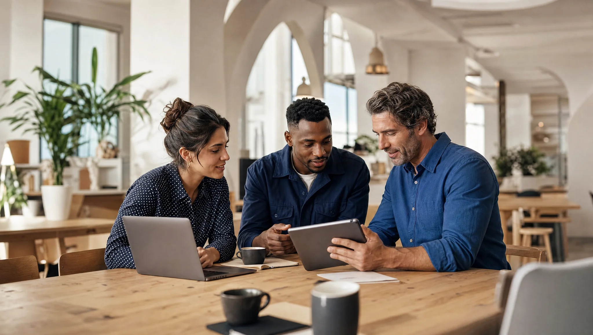 Three professionals from different backgrounds collaborating in a bright workspace